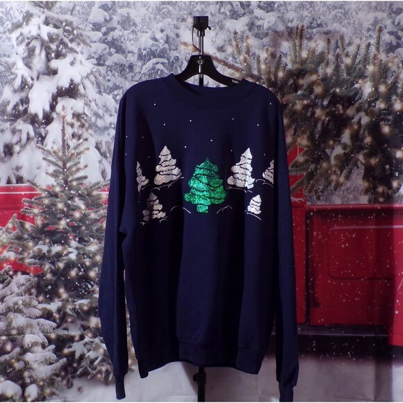90s Christmas Sweatshirt Vintage 1990s Navy Blue Glitter Puff Paint Size 3XL - Picture 1 of 5